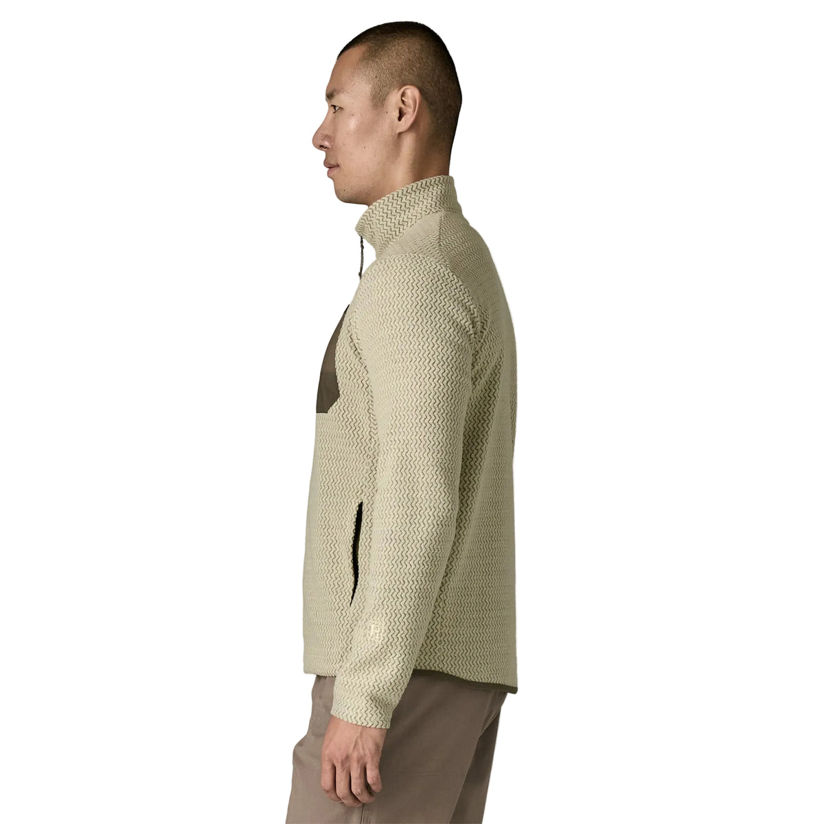 Patagonia Men's R1 Air Fleece Jacket in Pelican with full-length front zipper, zigzag-knit recycled polyester fleece, zippered chest pocket and two front pockets.
