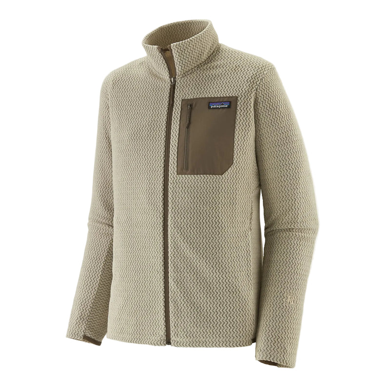Patagonia Men's R1 Air Fleece Jacket in Pelican with full-length front zipper, zigzag-knit recycled polyester fleece, zippered chest pocket and two front pockets.
