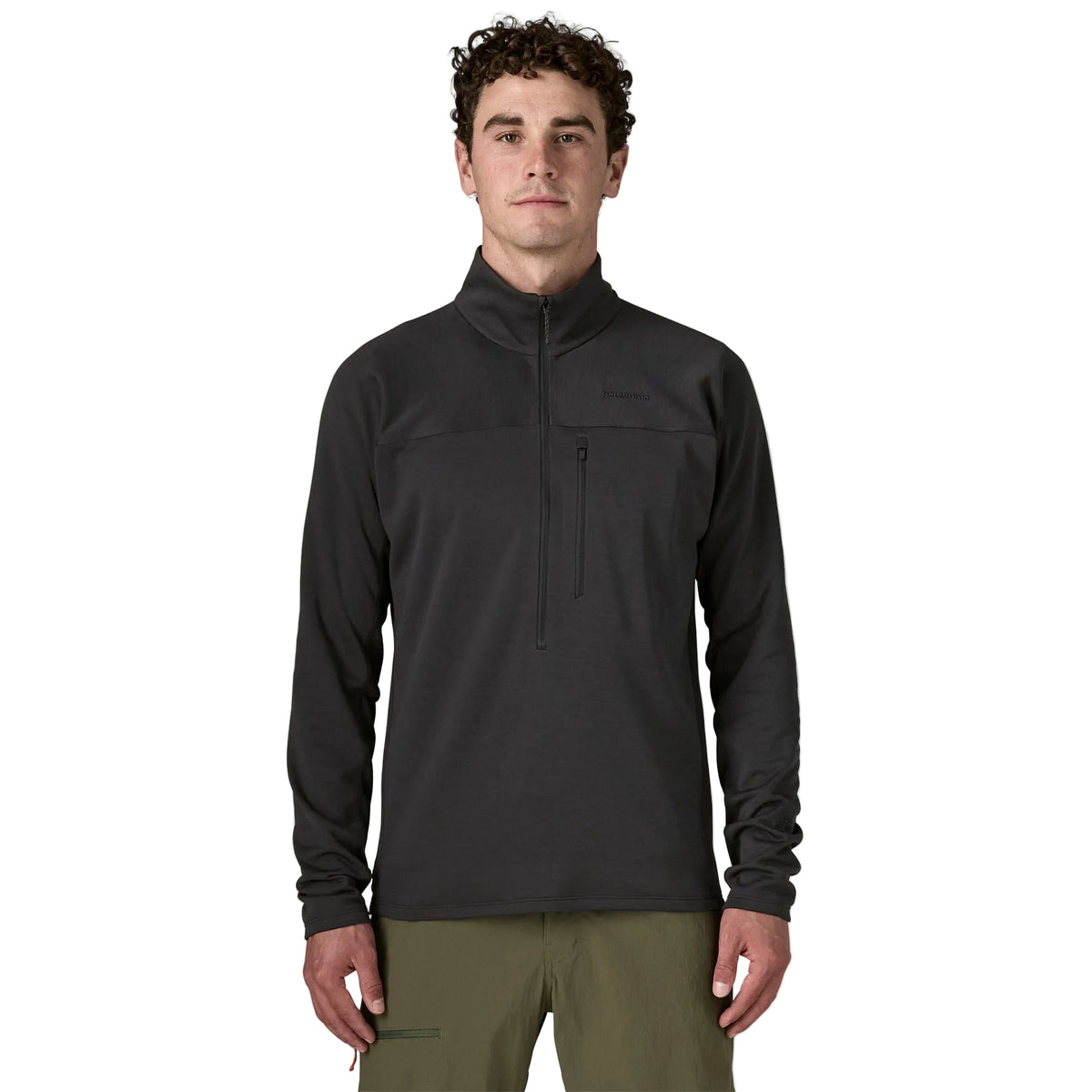 Patagonia Men's R1 Ultralight 1/2-Zip Pullover featuring lightweight recycled polyester double-knit fabric, deep front zipper and vertical chest pockets.