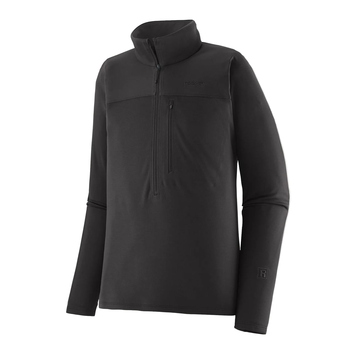 Patagonia Men's R1 Ultralight 1/2-Zip Pullover Black featuring lightweight recycled polyester double-knit fabric, deep front zipper and vertical chest pockets.