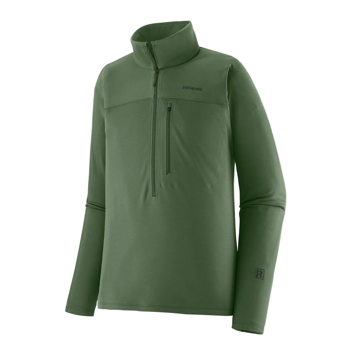 Patagonia Men's R1 Ultralight 1/2-Zip Pullover Canopy Green featuring lightweight recycled polyester double-knit fabric, deep front zipper and vertical chest pockets.