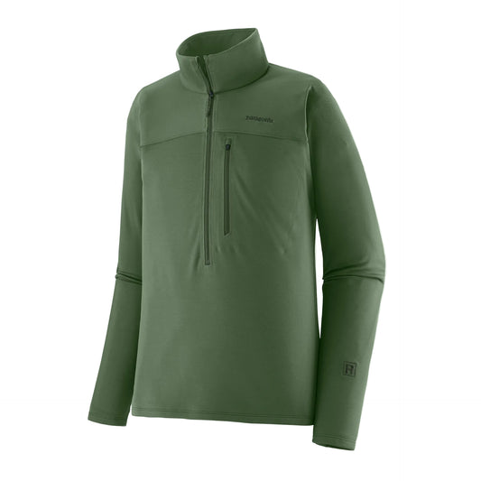 Patagonia Men's R1 Ultralight 1/2-Zip Pullover Canopy Green featuring lightweight recycled polyester double-knit fabric, deep front zipper and vertical chest pockets.
