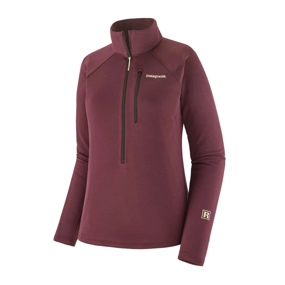 Patagonia Women's R1 Ultralight 1/2-Zip Pullover featuring lightweight recycled polyester double-knit fabric, deep front zipper and vertical zippered chest pocket.