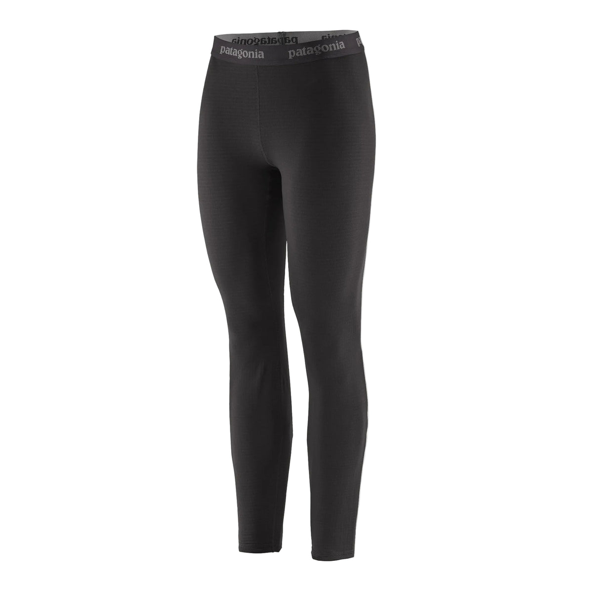 Patagonia Women's Capilene Thermal Weight Bottoms Black featuring Polartec® Power Grid® recycled polyester fabric and fitted, full-length construction.