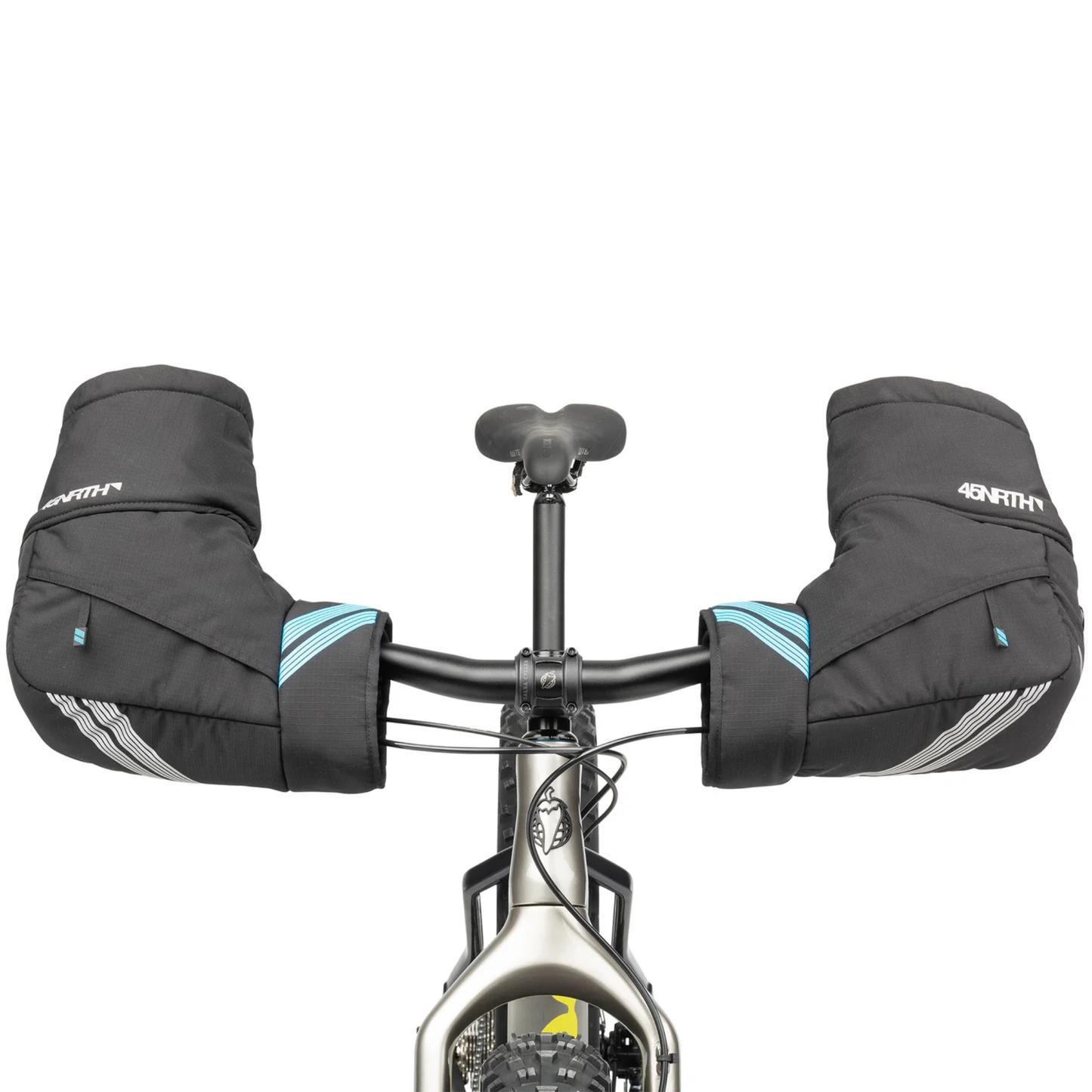 45nrth Cobrafist pogies installed on a flat bar front view