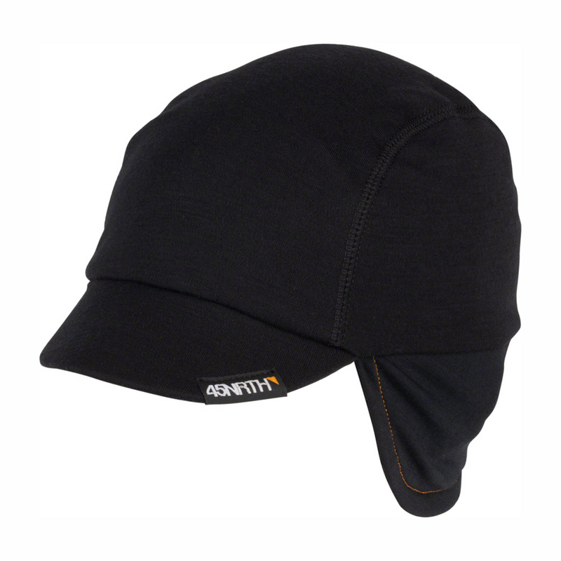 45NRTH Greazy black Merino wool blend winter cycling cap with extended ear coverage and flexible brim, designed to fit comfortably beneath a bicycle helmet.