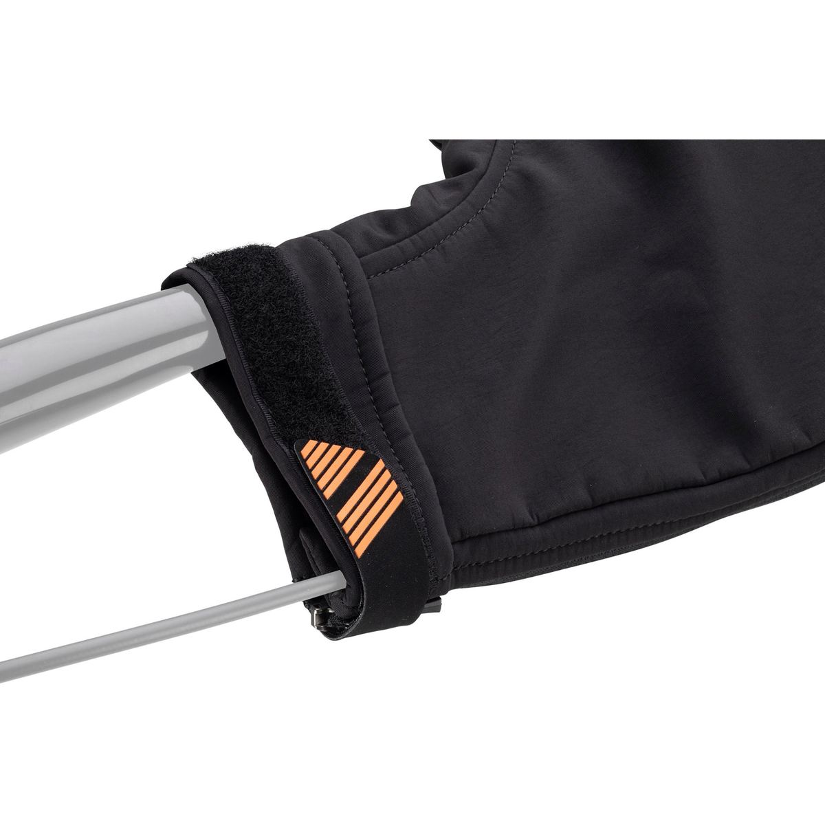 45NRTH Draugenklaw flat bar cycling pogies with nylon shell, open wrist design, reflective details and bar-end attachment for winter wind protection.
