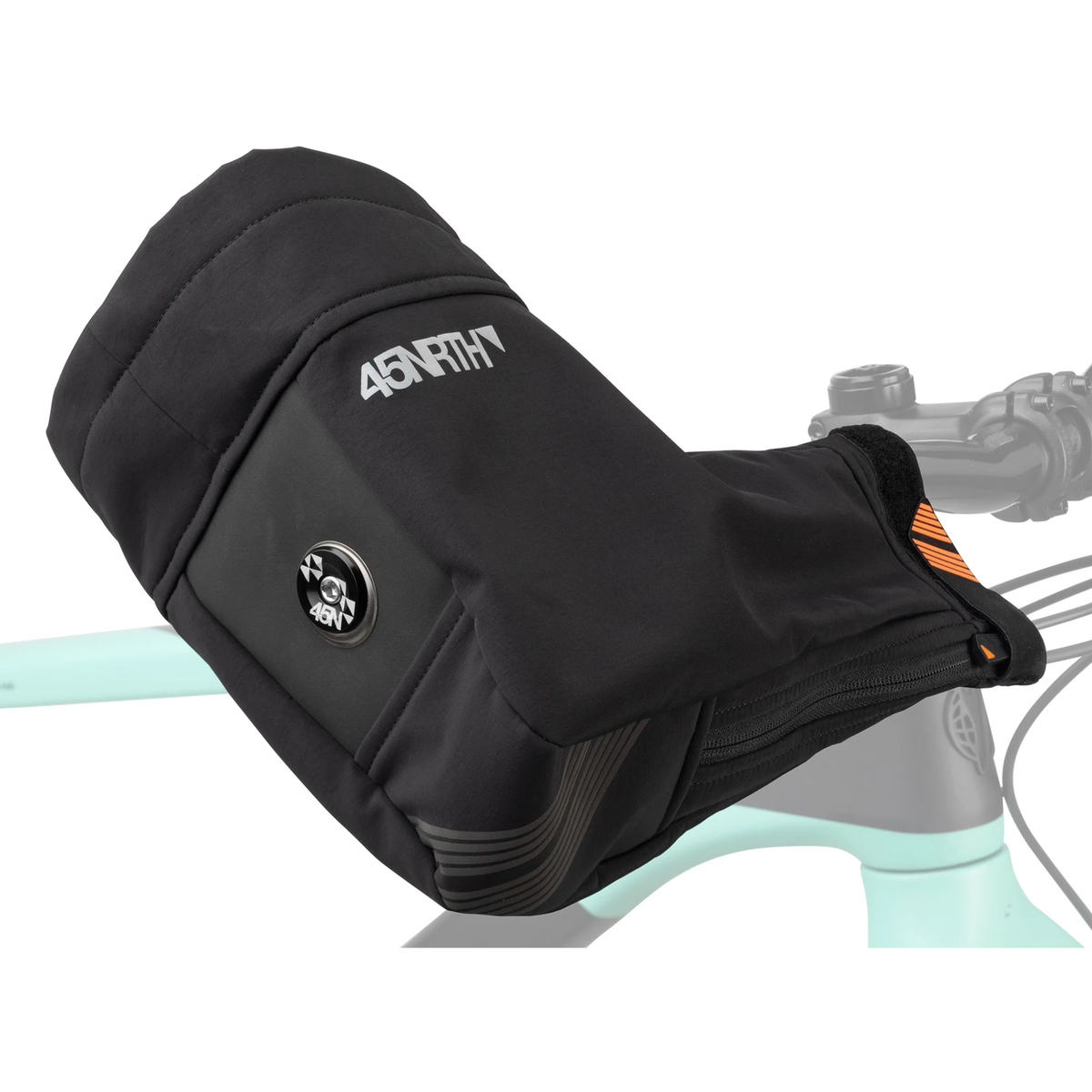 45NRTH Draugenklaw flat bar cycling pogies with nylon shell, open wrist design, reflective details and bar-end attachment for winter wind protection.