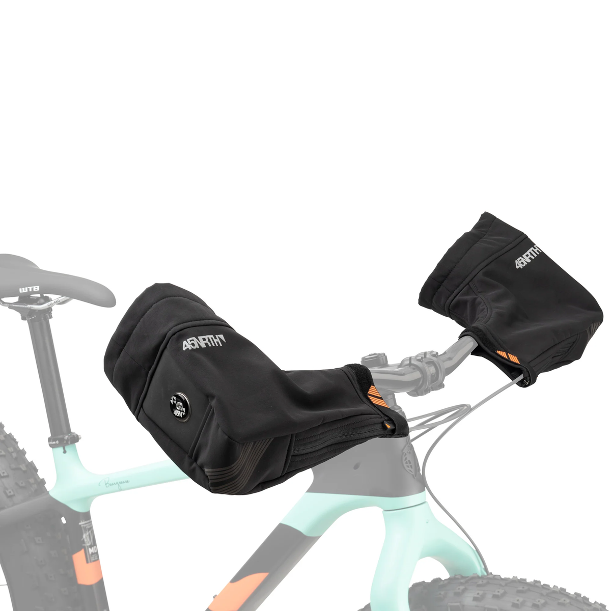 45NRTH Draugenklaw flat bar cycling pogies with nylon shell, open wrist design, reflective details and bar-end attachment for winter wind protection.