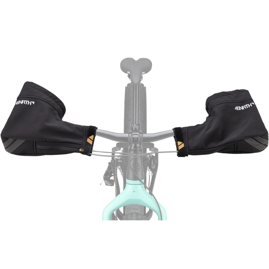 45NRTH Draugenklaw flat bar cycling pogies with nylon shell, open wrist design, reflective details and bar-end attachment for winter wind protection.