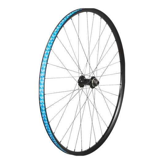 49N Bicycle front wheel with blue rim tape on a white background