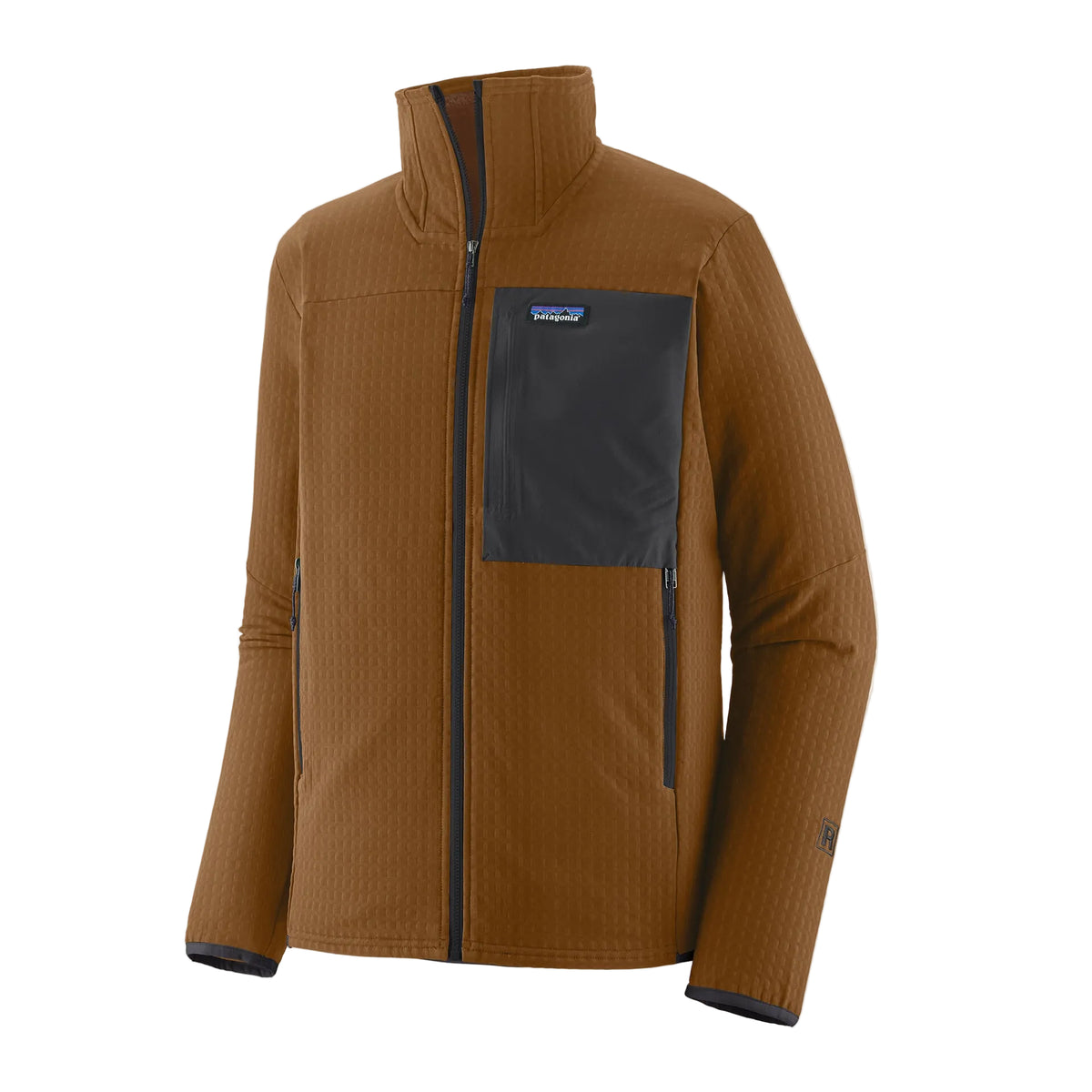 Patagonia Men's R2 TechFace Jacket Deer Brown featuring high-loft stretch fleece, full-length zipper, chest pocket and two zippered handwarmer pockets.