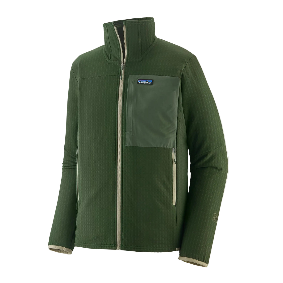 Patagonia Men's R2 TechFace Jacket Treeline Green featuring high-loft stretch fleece, full-length zipper, chest pocket and two zippered handwarmer pockets.