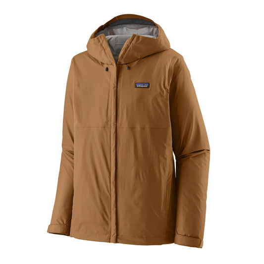Patagonia Men's Torrentshell 3L Rain Jacket Deer Brown featuring waterproof recycled nylon ripstop fabric, adjustable hood, storm-flapped zipper and handwarmer pockets.