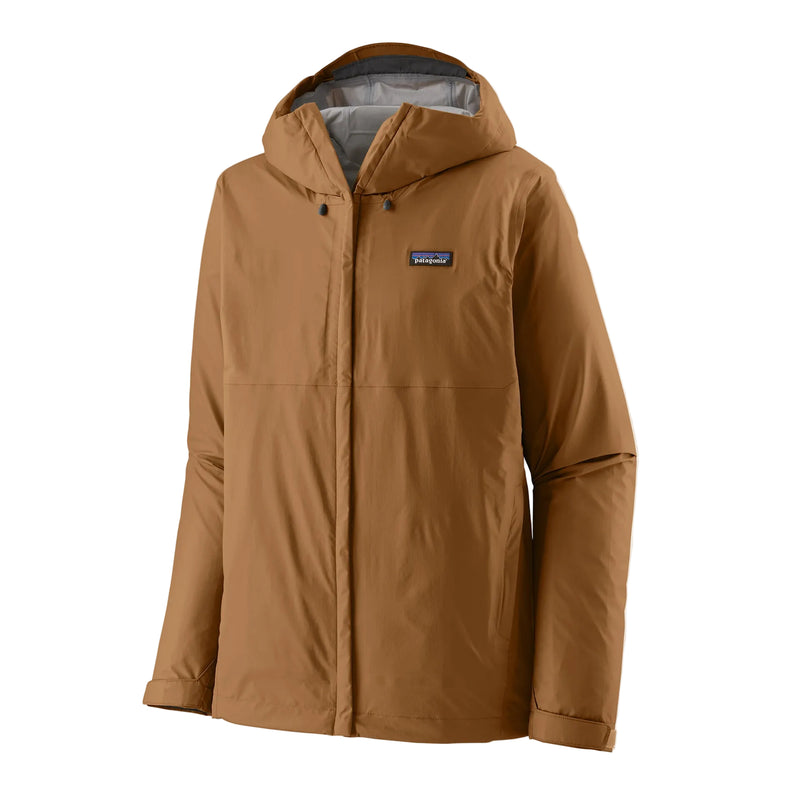 Patagonia Men's Torrentshell 3L Rain Jacket Deer Brown featuring waterproof recycled nylon ripstop fabric, adjustable hood, storm-flapped zipper and handwarmer pockets.