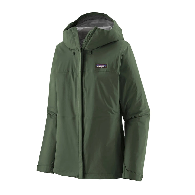 Patagonia Women's Torrentshell 3L Rain Jacket Canopy Green featuring waterproof recycled nylon ripstop fabric, adjustable hood, storm-flapped zipper and handwarmer pockets.