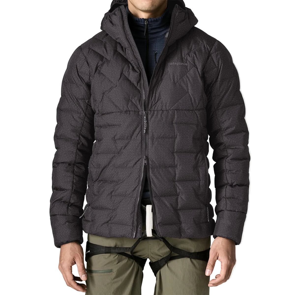 Patagonia Men's Durable Down Hoody featuring abrasion-resistant ripstop fabric, insulated adjustable hood, full-length zipper and quilted down construction.