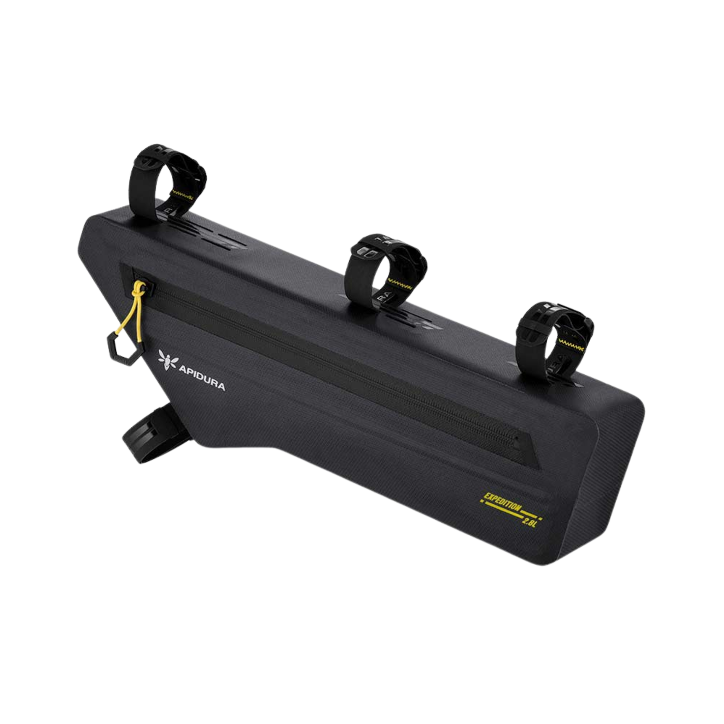 Black bike frame bag with Apidura branding on a white background