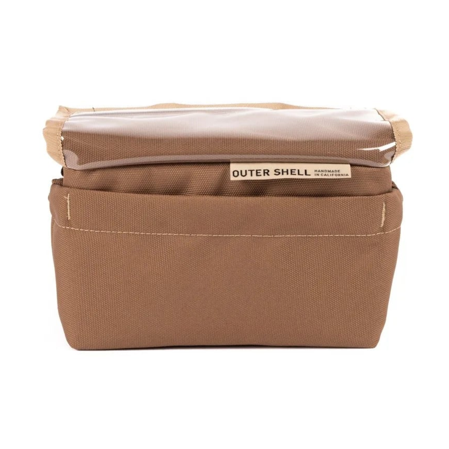 Outer Shell Drawcord Bicycle Handlebar Bag in Brown fabric. Designed for storing essentials on bike and one handed access.