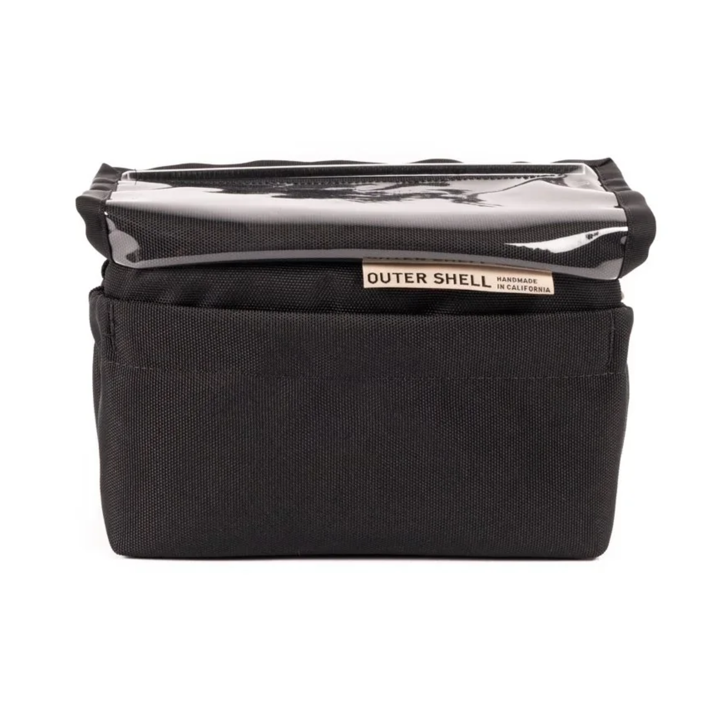 Outer Shell Drawcord Bicycle Handlebar Bag in Black fabric. Designed for storing essentials on bike and one handed access.