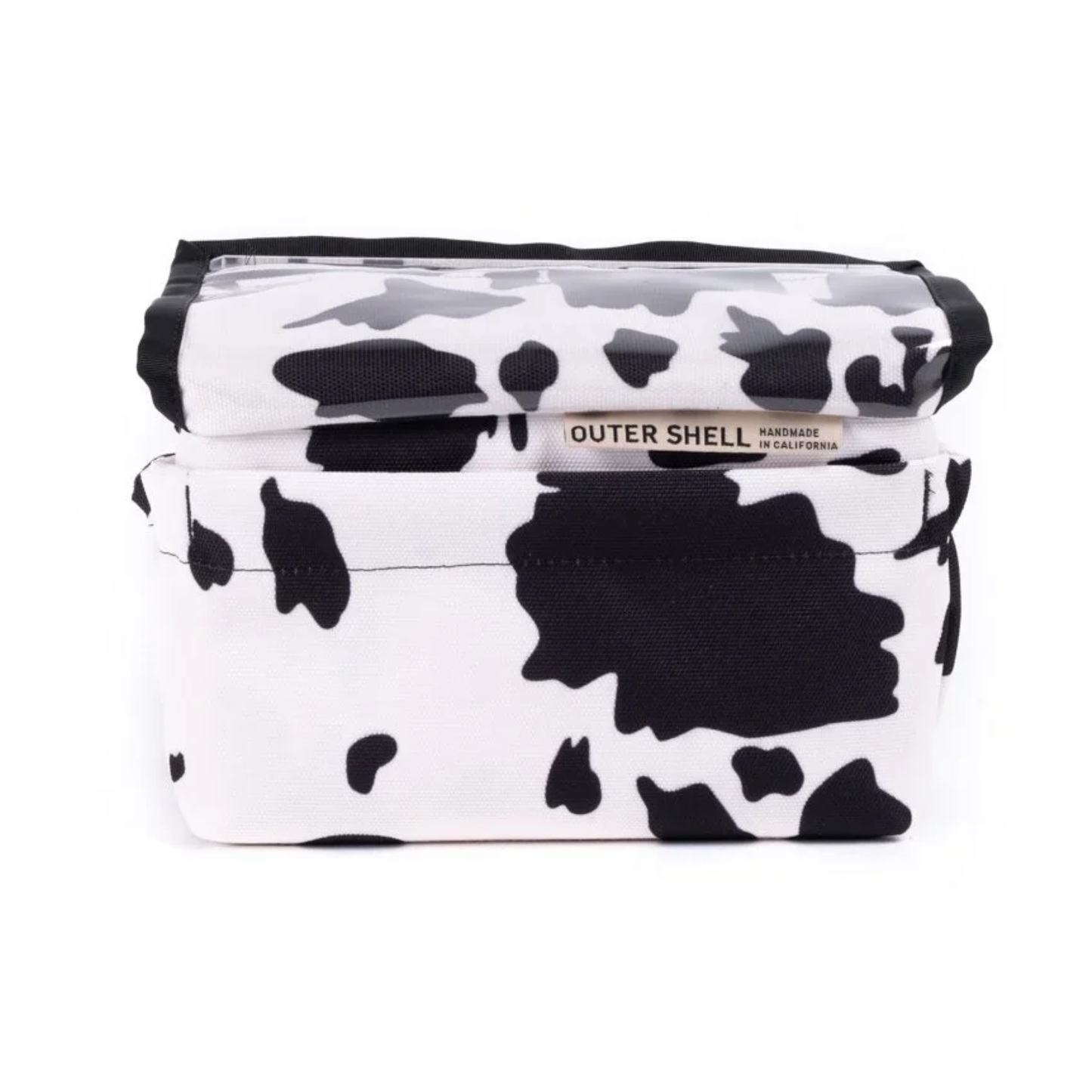 Outer Shell Drawcord Bicycle Handlebar Bag in Cow pattern fabric. Designed for storing essentials on bike and one handed access.