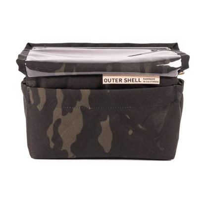 Outer Shell Drawcord Bicycle Handlebar Bag in Black Multicam ecopak fabric. Designed for storing essentials on bike and one handed access.