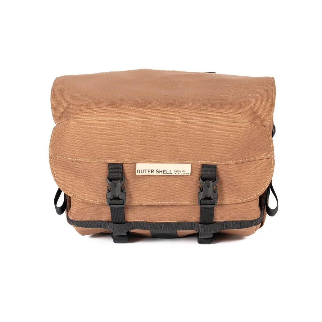 Outer Shell Mega Bar Bag in Brown - large top load bicycle handlebar bag for touring, commuting and bikepacking with daisy chain and side pockets