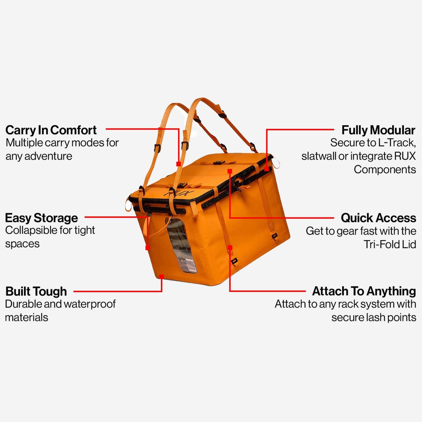 Rux 70L Gear Box for organizing outdoor equipment for camping, biking, hiking, rock climbing and road tripping. Modular gear box in Orange with waterproof press-seal lid.