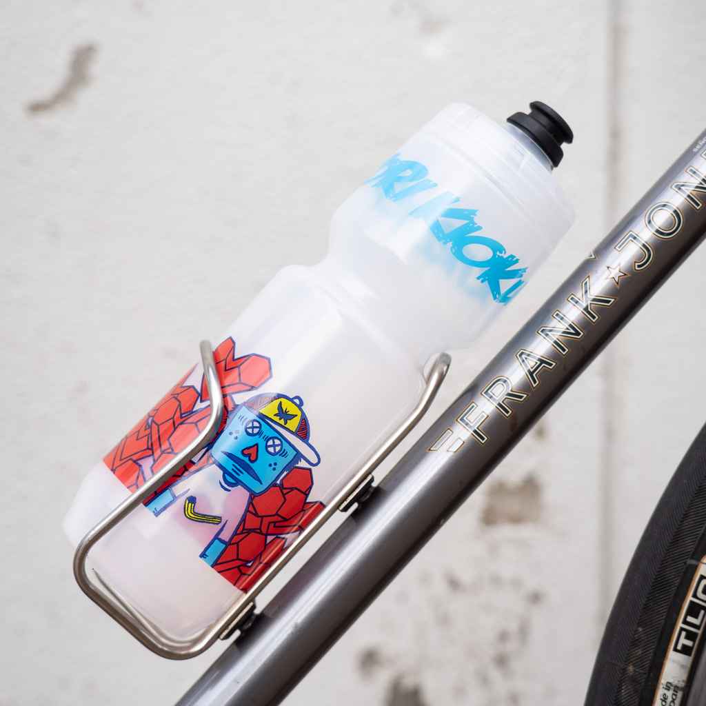 Rokkaku Boy Water Bottle in bottle cage holder on bicycle.