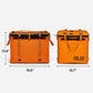 Rux 70L Gear Box dimensions for organizing outdoor equipment for camping, biking, hiking, rock climbing and road tripping. Modular gear box in Orange with waterproof press-seal lid.