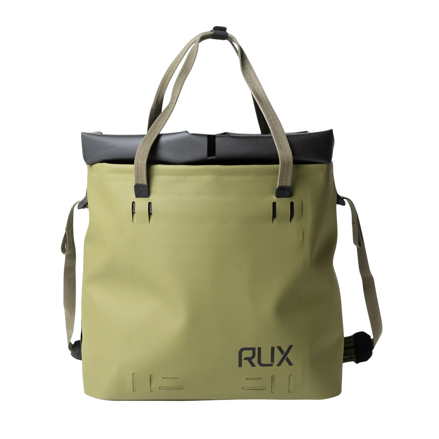RUX 15L Waterproof Tote in Green designed for travel, commuting, everyday carry, camping with accessory and laptop compartments
