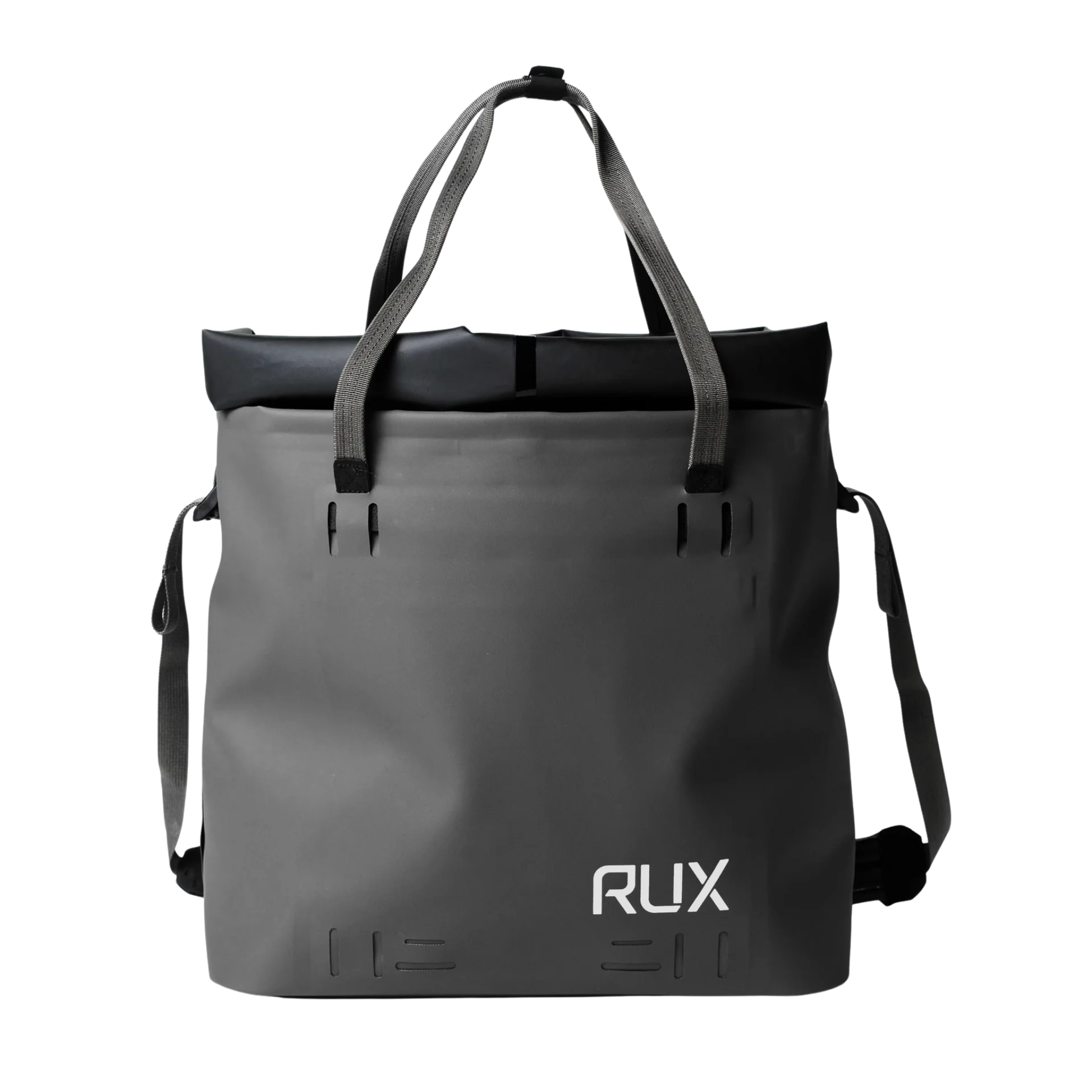 RUX 15L Waterproof Tote in Black designed for travel, commuting, everyday carry, camping with accessory and laptop compartments