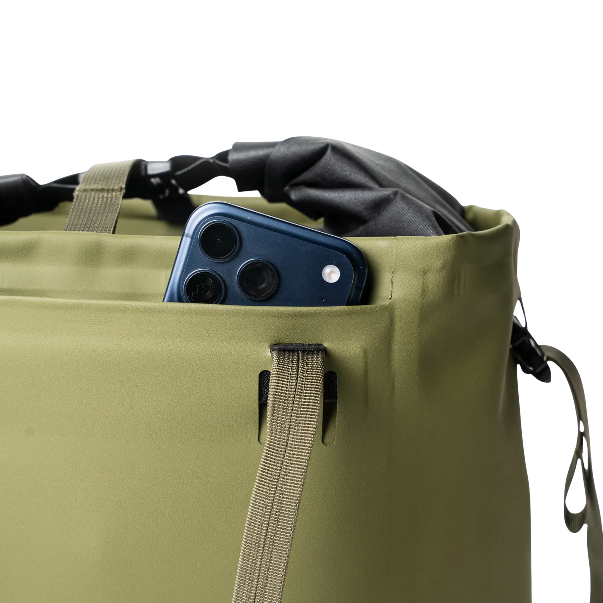 RUX 15L Waterproof Tote in Green designed for travel, commuting, everyday carry, camping with accessory and laptop compartments