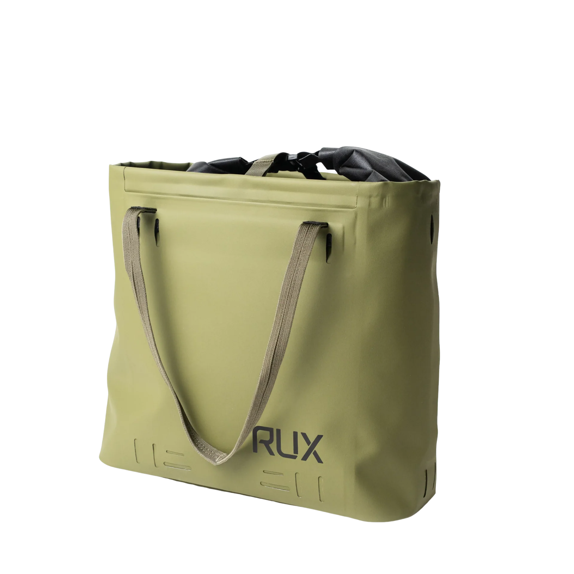 RUX 15L Waterproof Tote in Green designed for travel, commuting, everyday carry, camping with accessory and laptop compartments