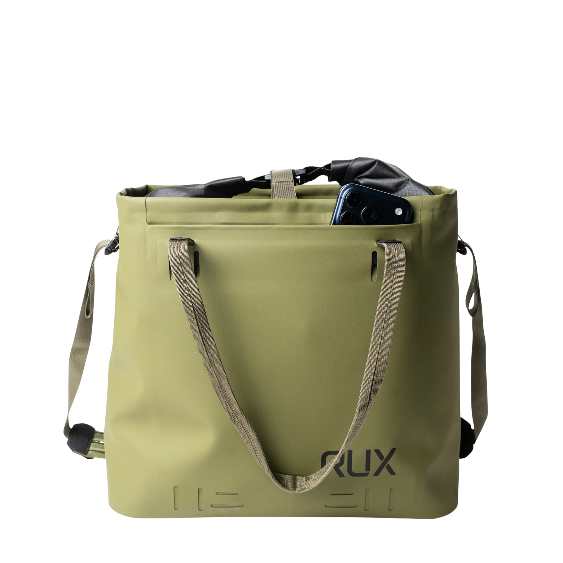 RUX 15L Waterproof Tote in Green designed for travel, commuting, everyday carry, camping with accessory and laptop compartments