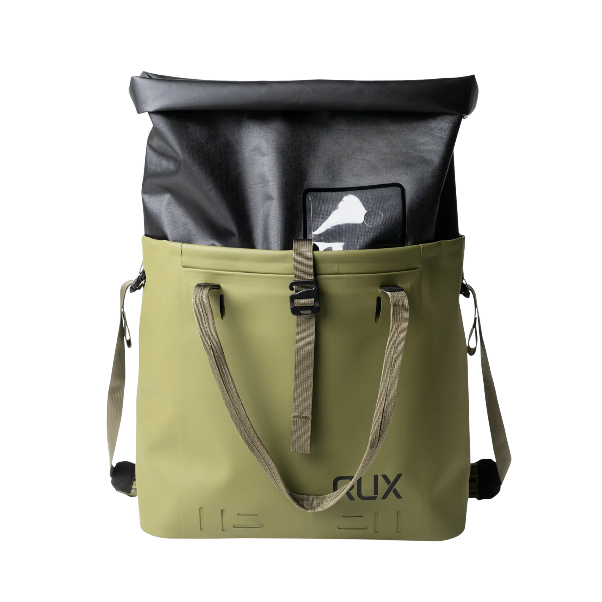RUX 15L Waterproof Tote in Green designed for travel, commuting, everyday carry, camping with accessory and laptop compartments