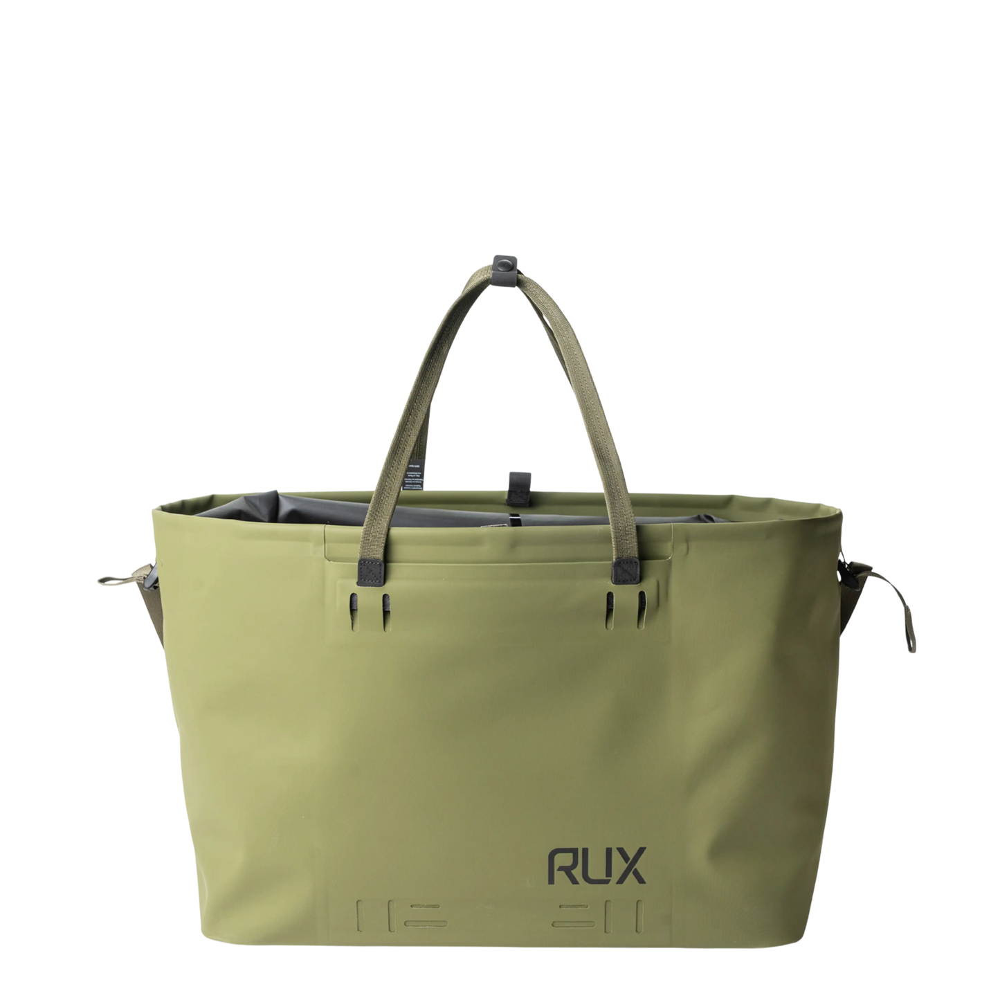 RUX Waterproof Tote Bag 50L in Green with roll-top closure designed for organizing outdoor gear and keeping it dry for camping, travel, biking, rock climbing and on the go