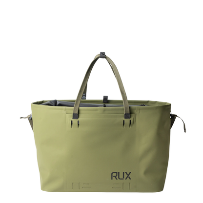 RUX Waterproof Tote Bag 50L in Green with roll-top closure designed for organizing outdoor gear and keeping it dry for camping, travel, biking, rock climbing and on the go