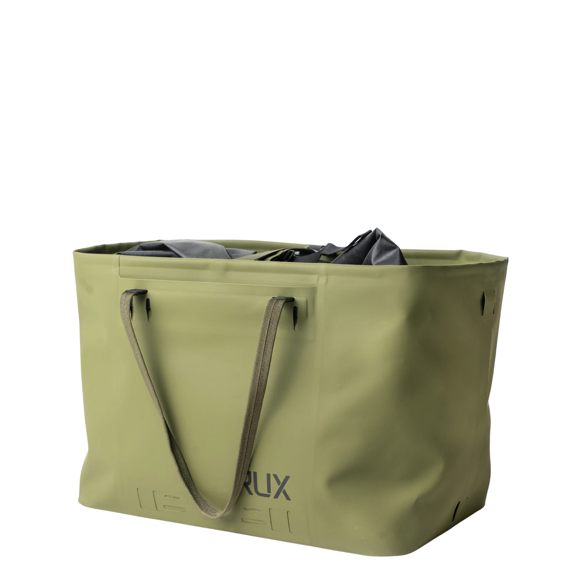 RUX Waterproof Tote Bag 50L with roll-top closure designed for organizing outdoor gear and keeping it dry for camping, travel, biking, rock climbing and on the go