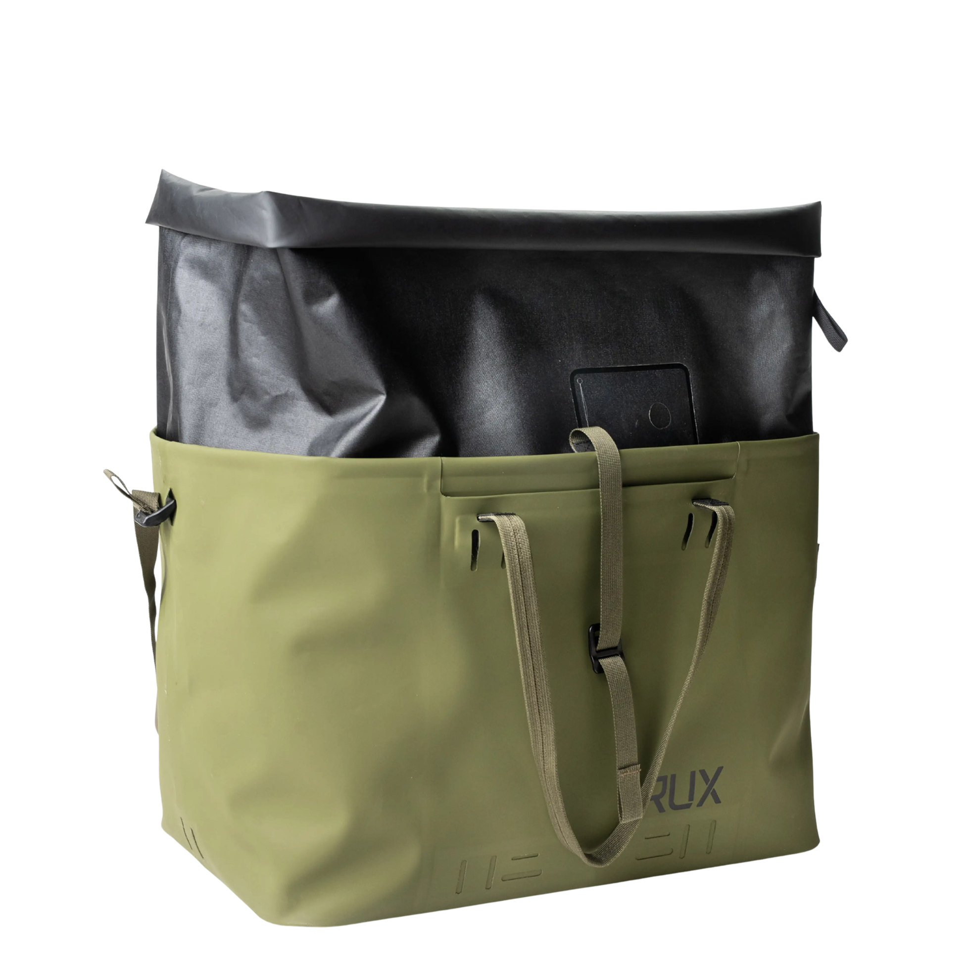 RUX Waterproof Tote Bag 50L with roll-top closure designed for organizing outdoor gear and keeping it dry for camping, travel, biking, rock climbing and on the go