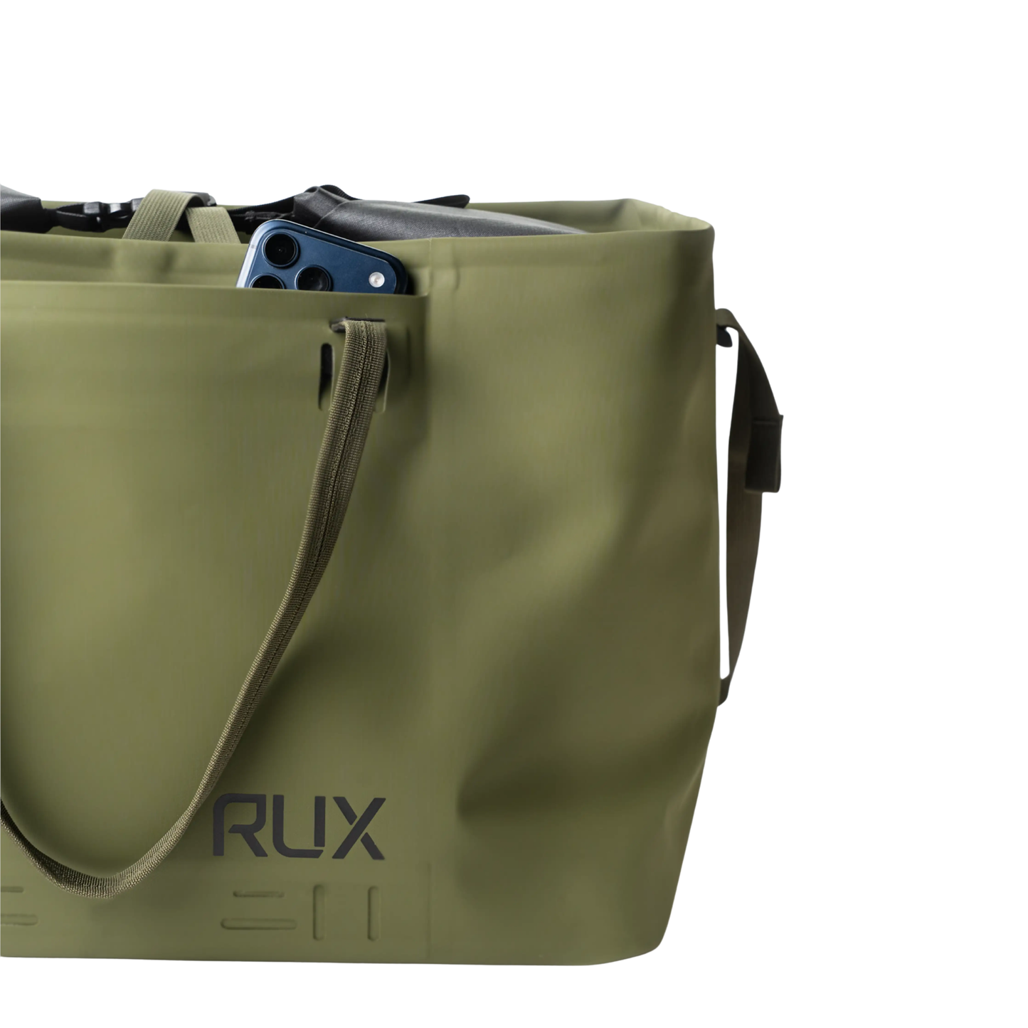 RUX Waterproof Tote Bag 50L with roll-top closure designed for organizing outdoor gear and keeping it dry for camping, travel, biking, rock climbing and on the go