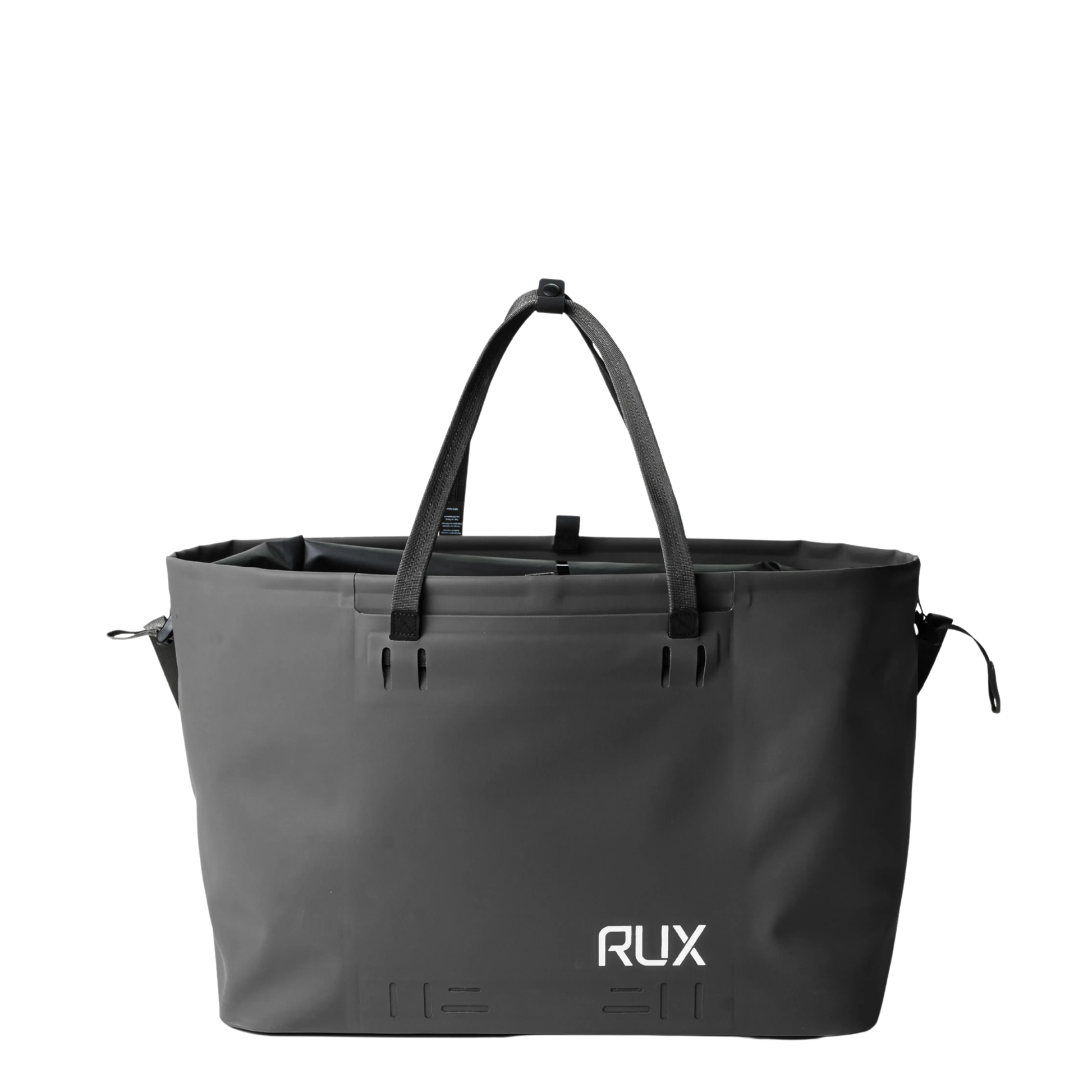 RUX Waterproof Tote Bag 50L in black with roll-top closure designed for organizing outdoor gear and keeping it dry for camping, travel, biking, rock climbing and on the go