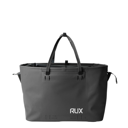 RUX Waterproof Tote Bag 50L in black with roll-top closure designed for organizing outdoor gear and keeping it dry for camping, travel, biking, rock climbing and on the go