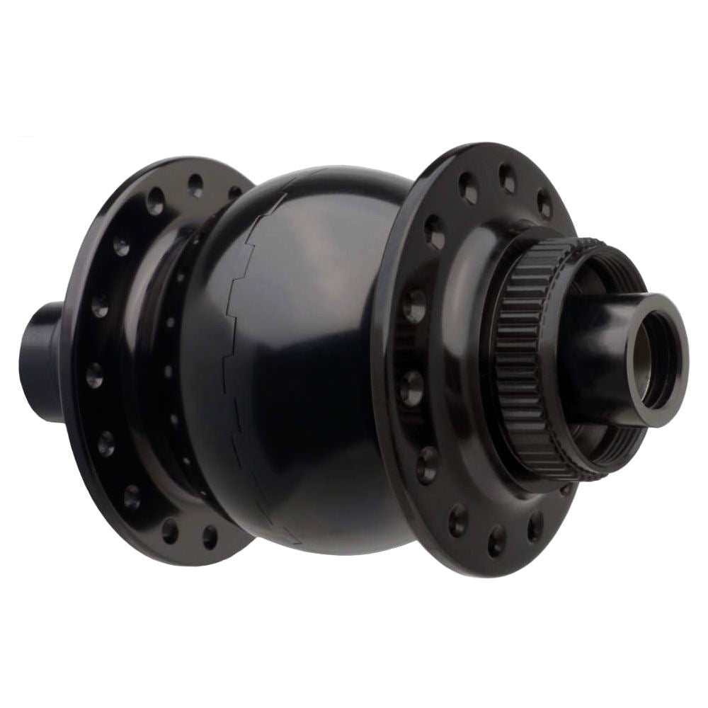 SON 28 Boost black front hub dynamo with 15x110mm thru-axle and Center Lock disc interface for powering bicycle lights and compatible charging systems.