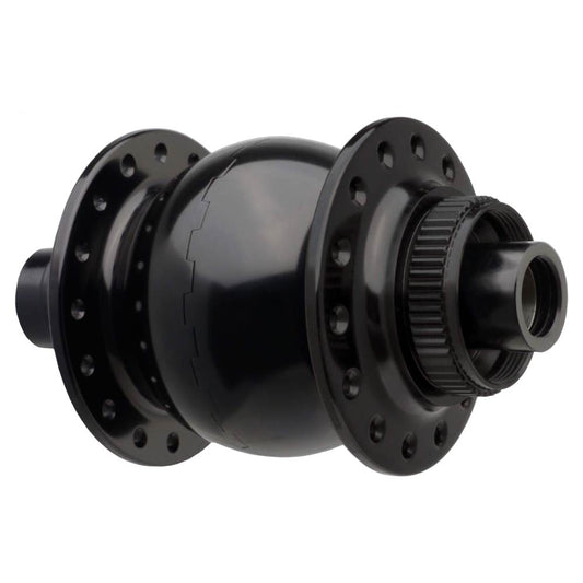 SON 28 Boost black front hub dynamo with 15x110mm thru-axle and Center Lock disc interface for powering bicycle lights and compatible charging systems.