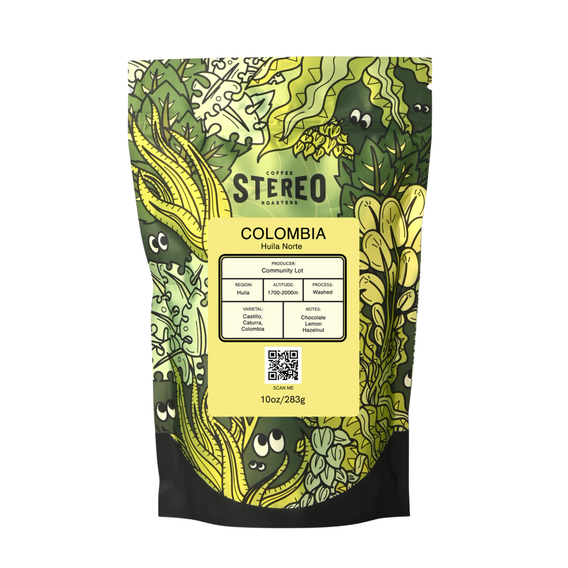 Front view of a 300g bag of Stereo Coffee Roasters Colombia Huila Norte, featuring a clean white label with orange and black accents