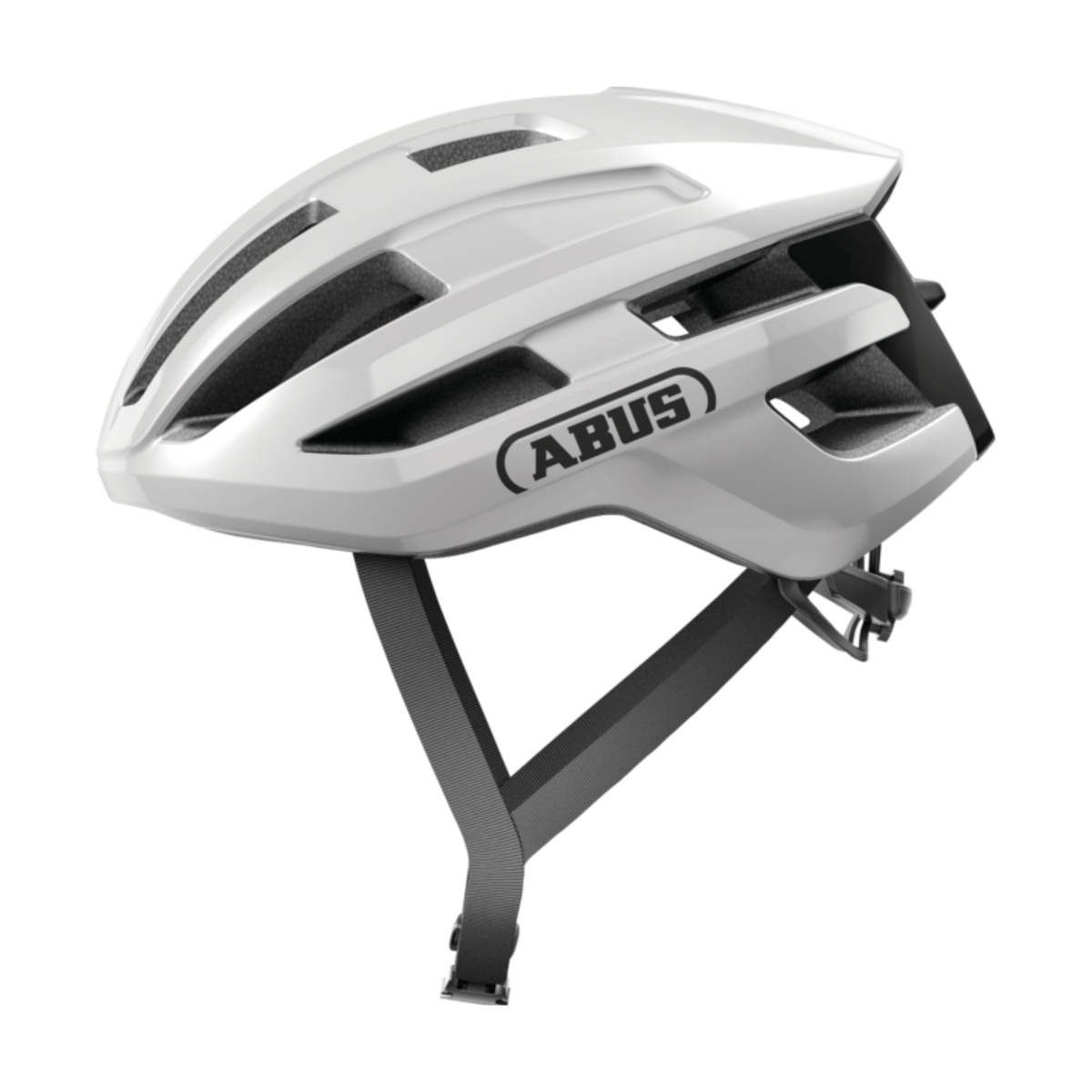 ABUS PowerDome cycling helmet featuring lightweight in-mould construction, streamlined profile, upper ventilation scoop and adjustable rear fit system.