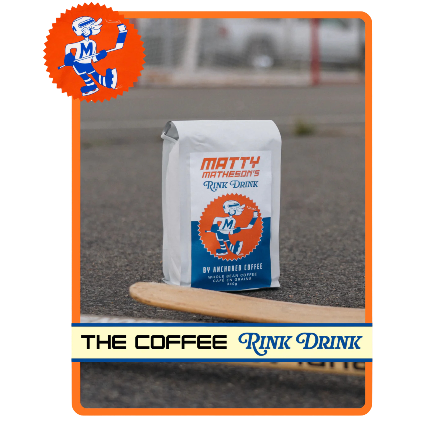 Anchored Coffee Matty Matheson's Rink Drink bag sitting on a rink