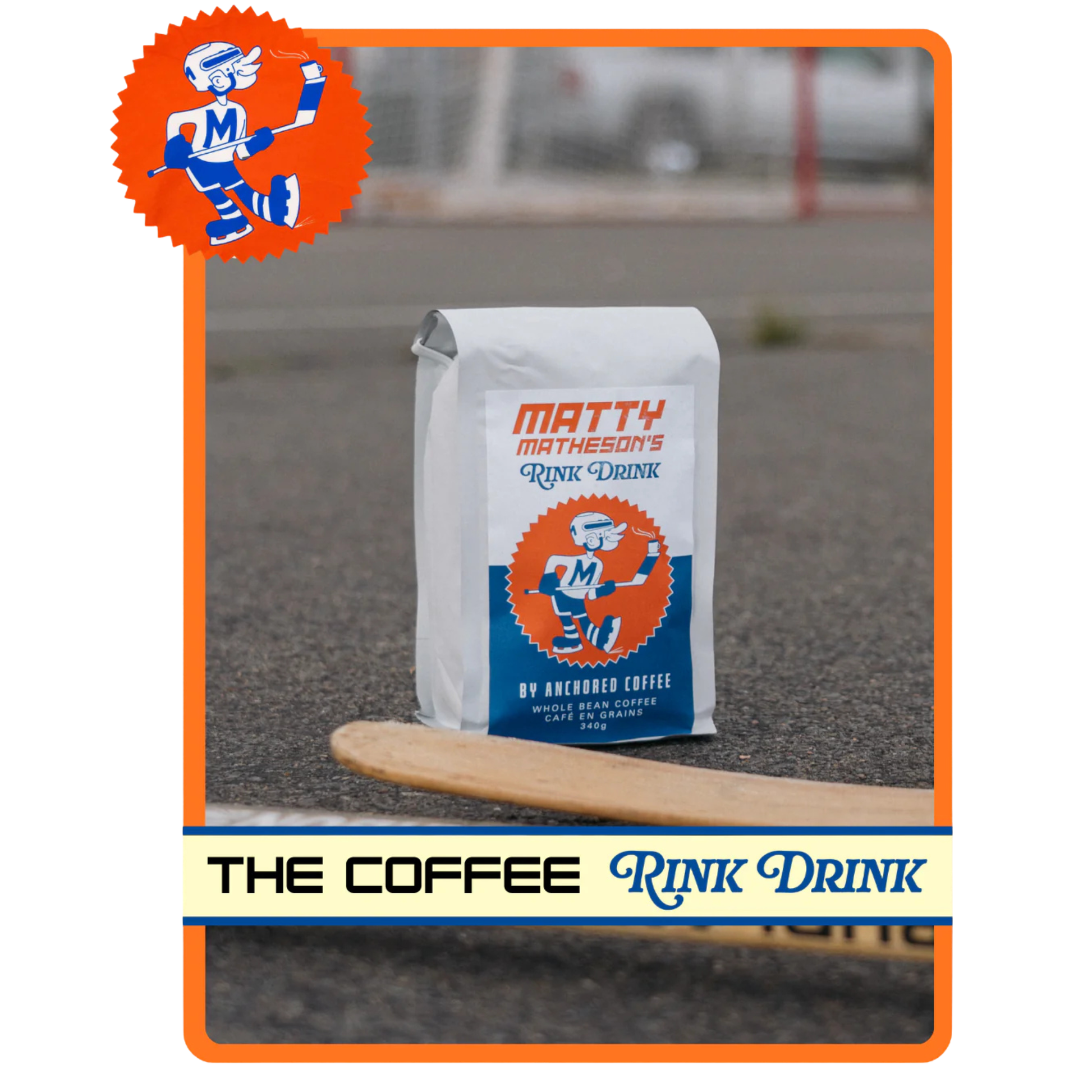 Anchored Coffee Matty Matheson's Rink Drink bag sitting on a rink