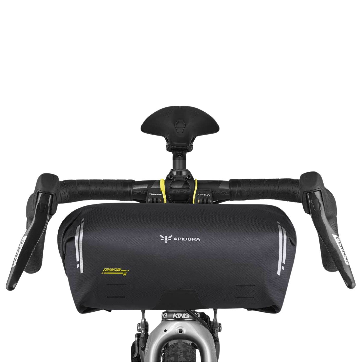 Apidura Expedition Handlebar Pack mounted on a bike front view